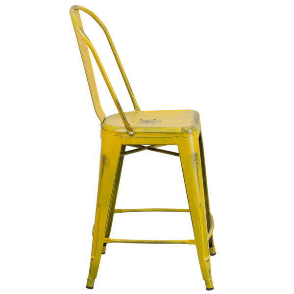 Lowest Price 24'' High Distressed Yellow Metal Indoor-Outdoor Counter Height Stool with Back