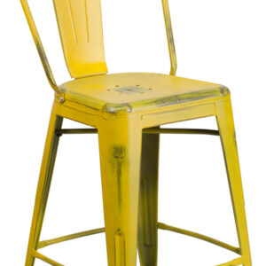 Wholesale 24'' High Distressed Yellow Metal Indoor-Outdoor Counter Height Stool with Back