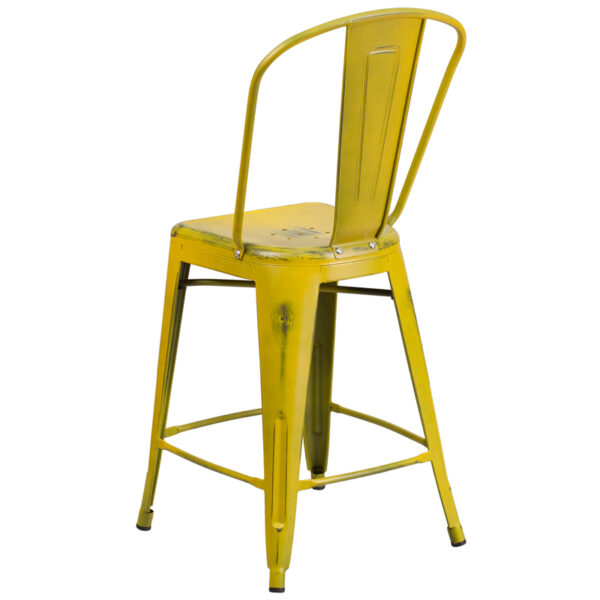 Bistro Style Counter Stool Distressed Yellow Metal Stool