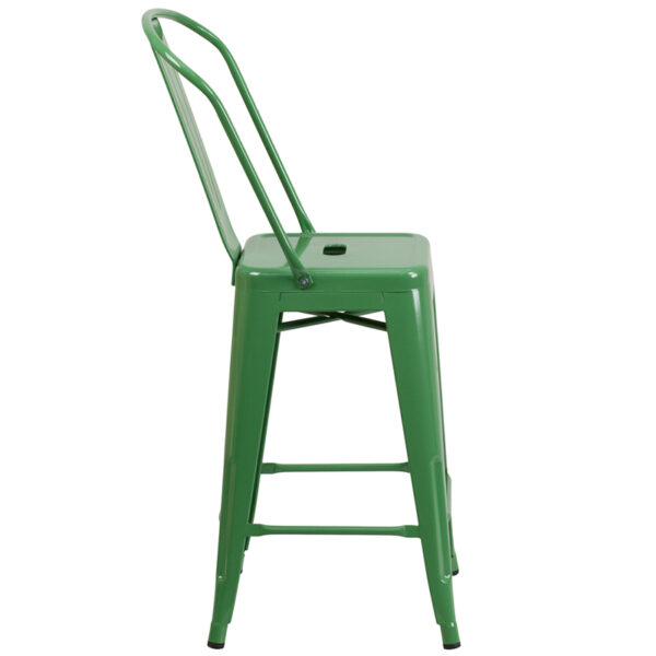 Lowest Price 24'' High Green Metal Indoor-Outdoor Counter Height Stool with Back