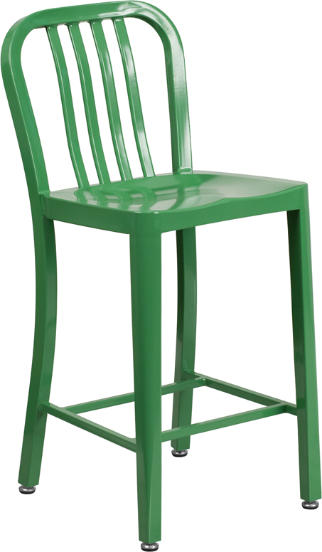 Wholesale 24'' High Green Metal Indoor-Outdoor Counter Height Stool with Vertical Slat Back
