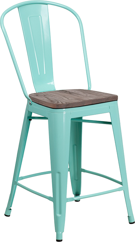 Wholesale 24" High Mint Green Metal Counter Height Stool with Back and Wood Seat