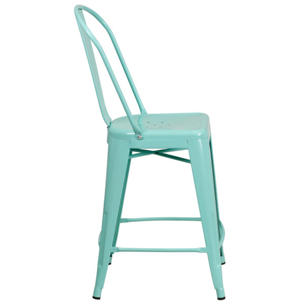 Lowest Price 24'' High Mint Green Metal Indoor-Outdoor Counter Height Stool with Back