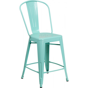 Wholesale 24'' High Mint Green Metal Indoor-Outdoor Counter Height Stool with Back