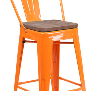 Wholesale 24" High Orange Metal Counter Height Stool with Back and Wood Seat