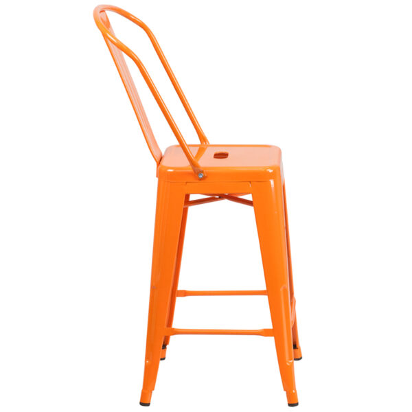 Lowest Price 24'' High Orange Metal Indoor-Outdoor Counter Height Stool with Back