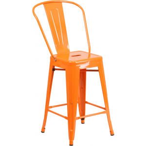 Wholesale 24'' High Orange Metal Indoor-Outdoor Counter Height Stool with Back