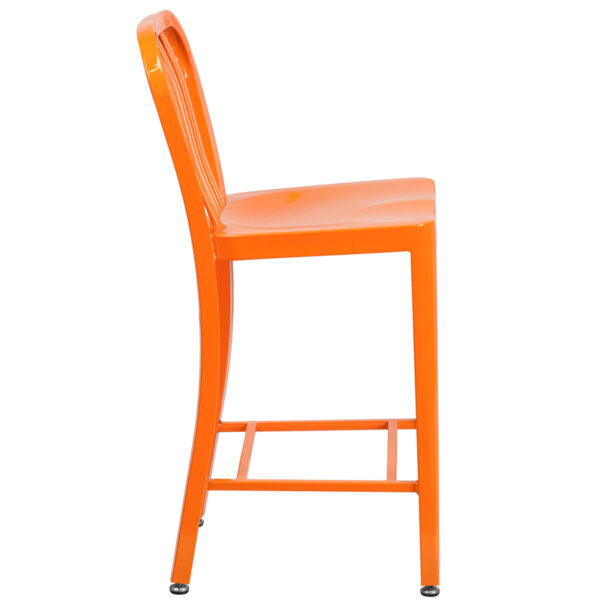 Lowest Price 24'' High Orange Metal Indoor-Outdoor Counter Height Stool with Vertical Slat Back