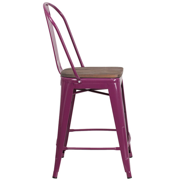 Lowest Price 24" High Purple Metal Counter Height Stool with Back and Wood Seat