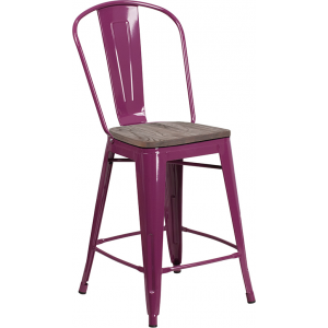 Wholesale 24" High Purple Metal Counter Height Stool with Back and Wood Seat