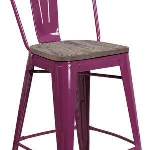 Wholesale 24" High Purple Metal Counter Height Stool with Back and Wood Seat