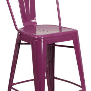 Wholesale 24'' High Purple Metal Indoor-Outdoor Counter Height Stool with Back