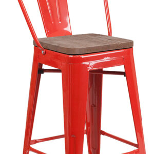 Wholesale 24" High Red Metal Counter Height Stool with Back and Wood Seat