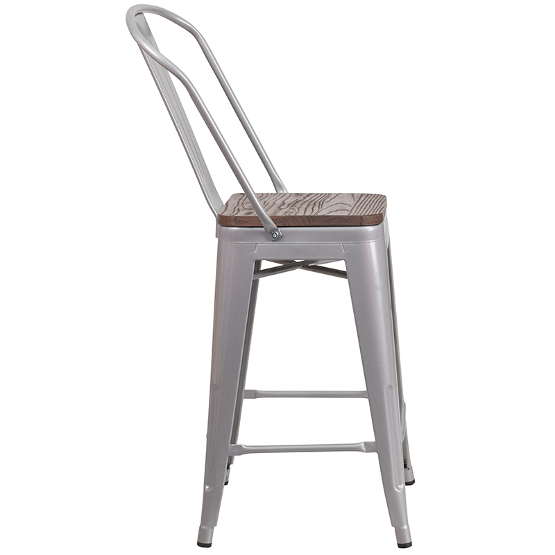 High Silver Metal Counter Height Stool, 24 Seat Height Bar Stools With Backs