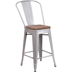 Wholesale 24" High Silver Metal Counter Height Stool with Back and Wood Seat
