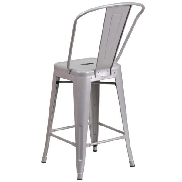 Bistro Style Counter Stool 24" Silver Metal Outdoor Stool