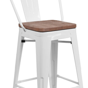 Wholesale 24" High White Metal Counter Height Stool with Back and Wood Seat