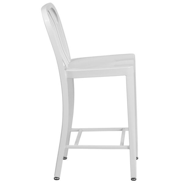 Lowest Price 24'' High White Metal Indoor-Outdoor Counter Height Stool with Vertical Slat Back