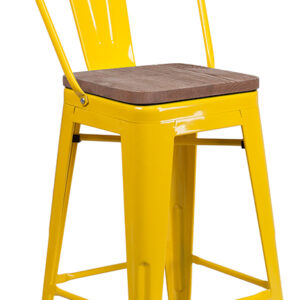 Wholesale 24" High Yellow Metal Counter Height Stool with Back and Wood Seat