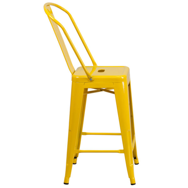 Lowest Price 24'' High Yellow Metal Indoor-Outdoor Counter Height Stool with Back