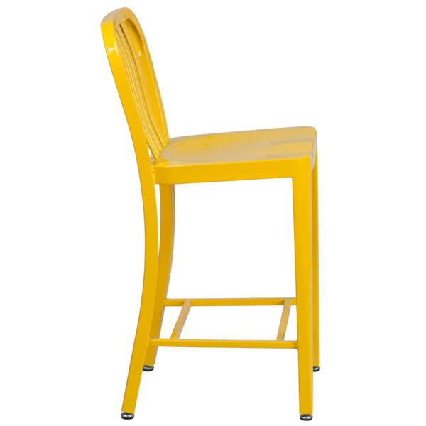 Lowest Price 24'' High Yellow Metal Indoor-Outdoor Counter Height Stool with Vertical Slat Back