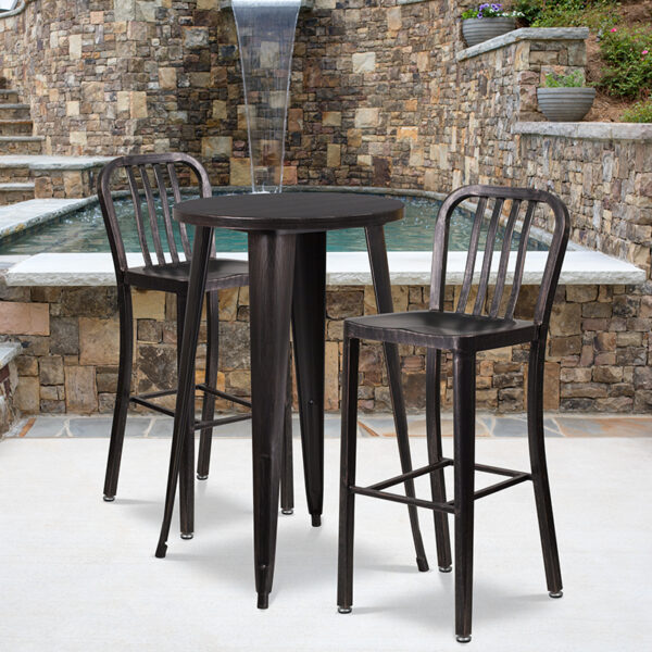 Wholesale 24'' Round Black-Antique Gold Metal Indoor-Outdoor Bar Table Set with 2 Vertical Slat Back Stools