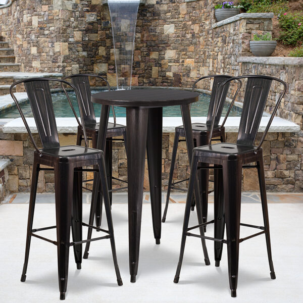 Wholesale 24'' Round Black-Antique Gold Metal Indoor-Outdoor Bar Table Set with 4 Cafe Stools