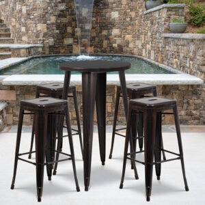 Wholesale 24'' Round Black-Antique Gold Metal Indoor-Outdoor Bar Table Set with 4 Square Seat Backless Stools