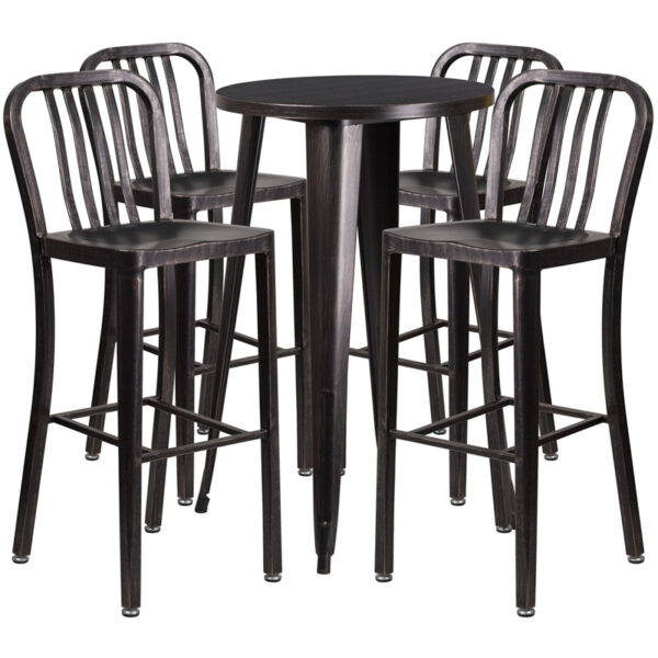 Lowest Price 24'' Round Black-Antique Gold Metal Indoor-Outdoor Bar Table Set with 4 Vertical Slat Back Stools