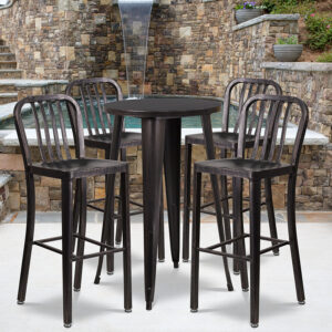 Wholesale 24'' Round Black-Antique Gold Metal Indoor-Outdoor Bar Table Set with 4 Vertical Slat Back Stools