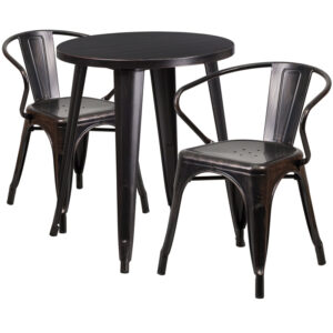 Wholesale 24'' Round Black-Antique Gold Metal Indoor-Outdoor Table Set with 2 Arm Chairs