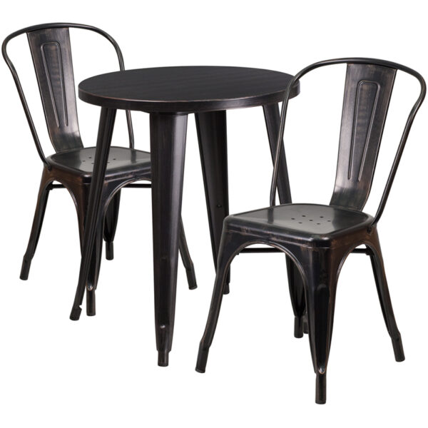 Wholesale 24'' Round Black-Antique Gold Metal Indoor-Outdoor Table Set with 2 Cafe Chairs
