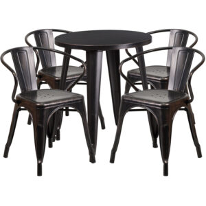 Wholesale 24'' Round Black-Antique Gold Metal Indoor-Outdoor Table Set with 4 Arm Chairs