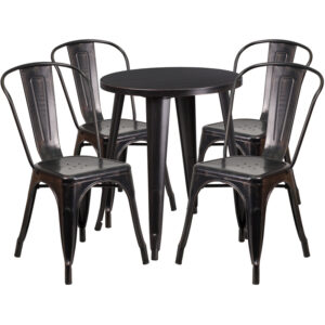 Wholesale 24'' Round Black-Antique Gold Metal Indoor-Outdoor Table Set with 4 Cafe Chairs