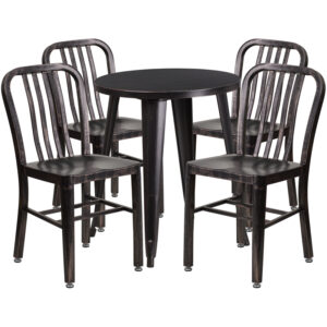 Wholesale 24'' Round Black-Antique Gold Metal Indoor-Outdoor Table Set with 4 Vertical Slat Back Chairs