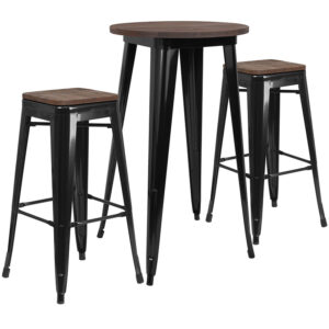 Wholesale 24" Round Black Metal Bar Table Set with Wood Top and 2 Backless Stools