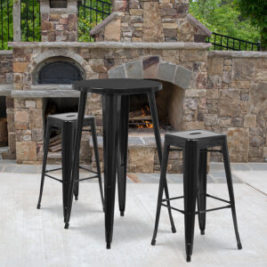 Wholesale 24'' Round Black Metal Indoor-Outdoor Bar Table Set with 2 Square Seat Backless Stools