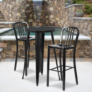 Wholesale 24'' Round Black Metal Indoor-Outdoor Bar Table Set with 2 Vertical Slat Back Stools