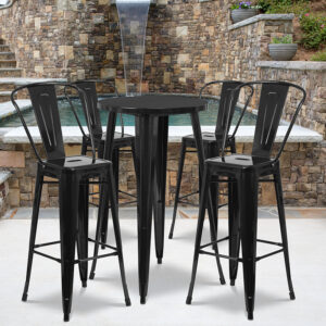 Wholesale 24'' Round Black Metal Indoor-Outdoor Bar Table Set with 4 Cafe Stools