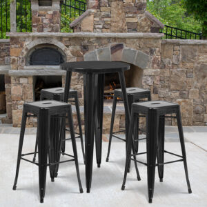 Wholesale 24'' Round Black Metal Indoor-Outdoor Bar Table Set with 4 Square Seat Backless Stools