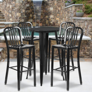 Wholesale 24'' Round Black Metal Indoor-Outdoor Bar Table Set with 4 Vertical Slat Back Stools