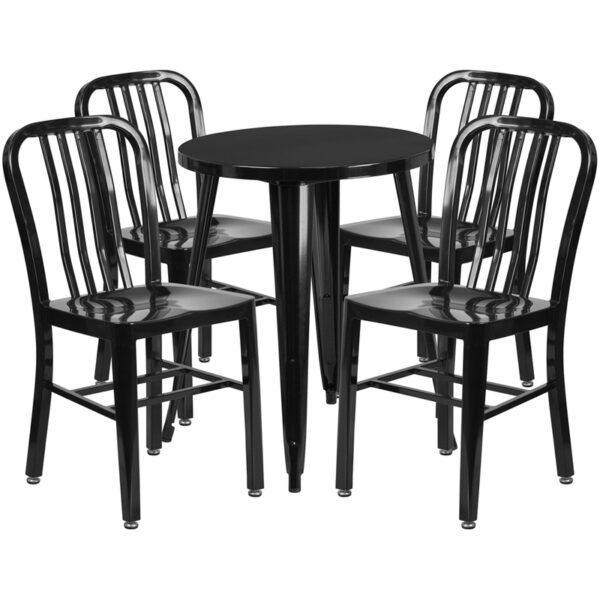 Wholesale 24'' Round Black Metal Indoor-Outdoor Table Set with 4 Vertical Slat Back Chairs