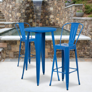 Wholesale 24'' Round Blue Metal Indoor-Outdoor Bar Table Set with 2 Cafe Stools
