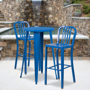 Wholesale 24'' Round Blue Metal Indoor-Outdoor Bar Table Set with 2 Vertical Slat Back Stools