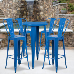 Wholesale 24'' Round Blue Metal Indoor-Outdoor Bar Table Set with 4 Cafe Stools