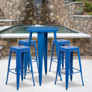 Wholesale 24'' Round Blue Metal Indoor-Outdoor Bar Table Set with 4 Square Seat Backless Stools