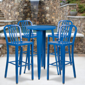 Wholesale 24'' Round Blue Metal Indoor-Outdoor Bar Table Set with 4 Vertical Slat Back Stools