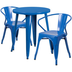 Wholesale 24'' Round Blue Metal Indoor-Outdoor Table Set with 2 Arm Chairs