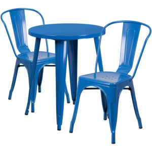 Wholesale 24'' Round Blue Metal Indoor-Outdoor Table Set with 2 Cafe Chairs