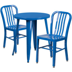 Wholesale 24'' Round Blue Metal Indoor-Outdoor Table Set with 2 Vertical Slat Back Chairs